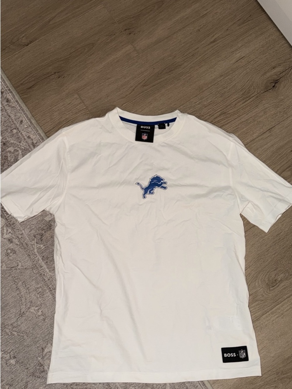 Boss White Short Sleeve Tee with Blue Detroit Lions Logo